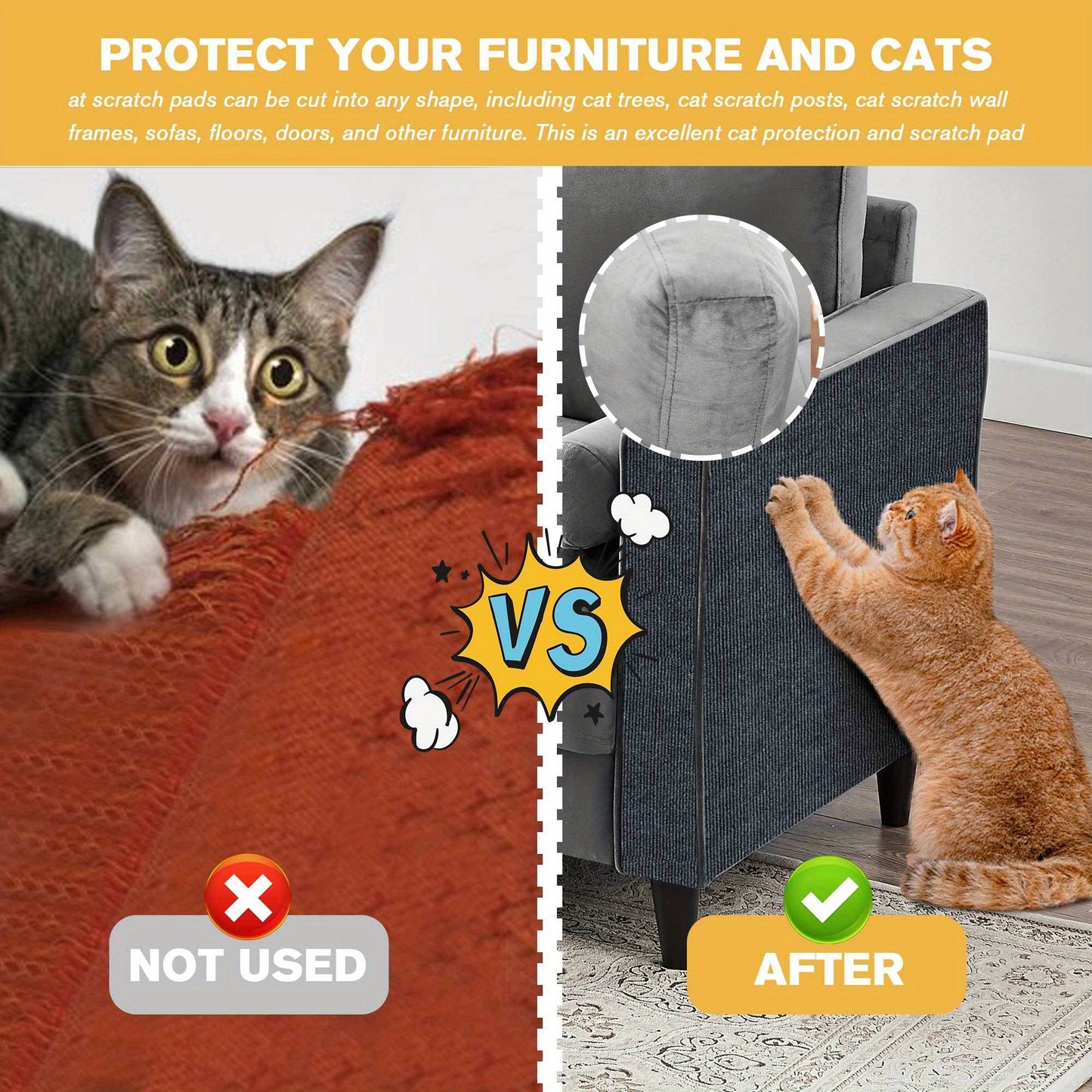 Durable polyester felt mat protects walls and furniture with self-adhesive cat scratching pad in multi-size pack.