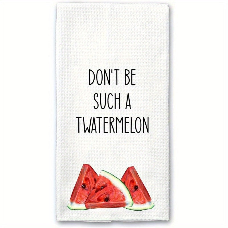 Summer Kitchen Towel Decor featuring an adorable cartoon fruit design measuring 45.72*66.04cm. This versatile towel can be used in the bath or kitchen, adding a refreshing touch to your home decor. The design showcases a delicious cake and watermelon