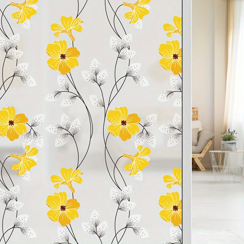 Yellow Floral Pattern Static Cling Window Film - Window Privacy Sticker for Home Decor