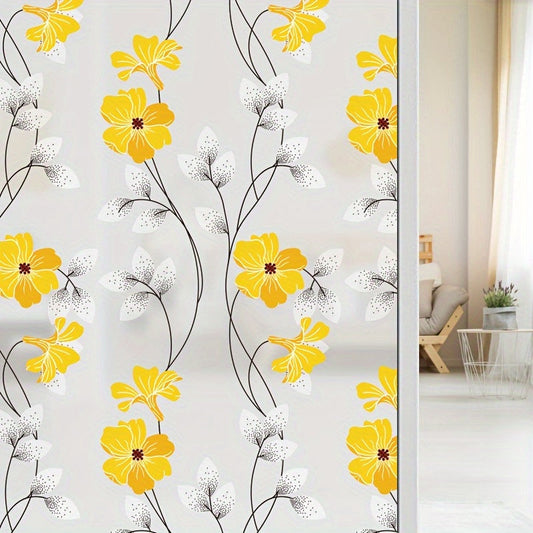 Yellow Floral Pattern Static Cling Window Film - Window Privacy Sticker for Home Decor