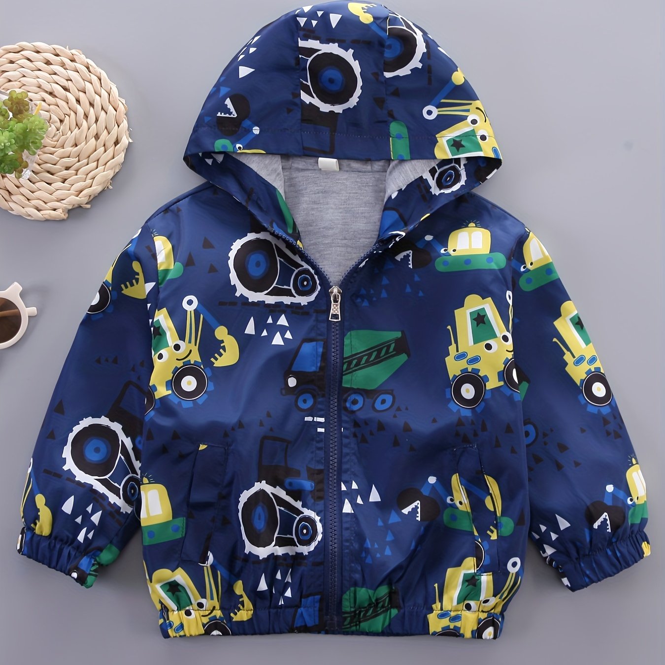 Gray Excavator Print Kids Hooded Jacket for Girls and Boys