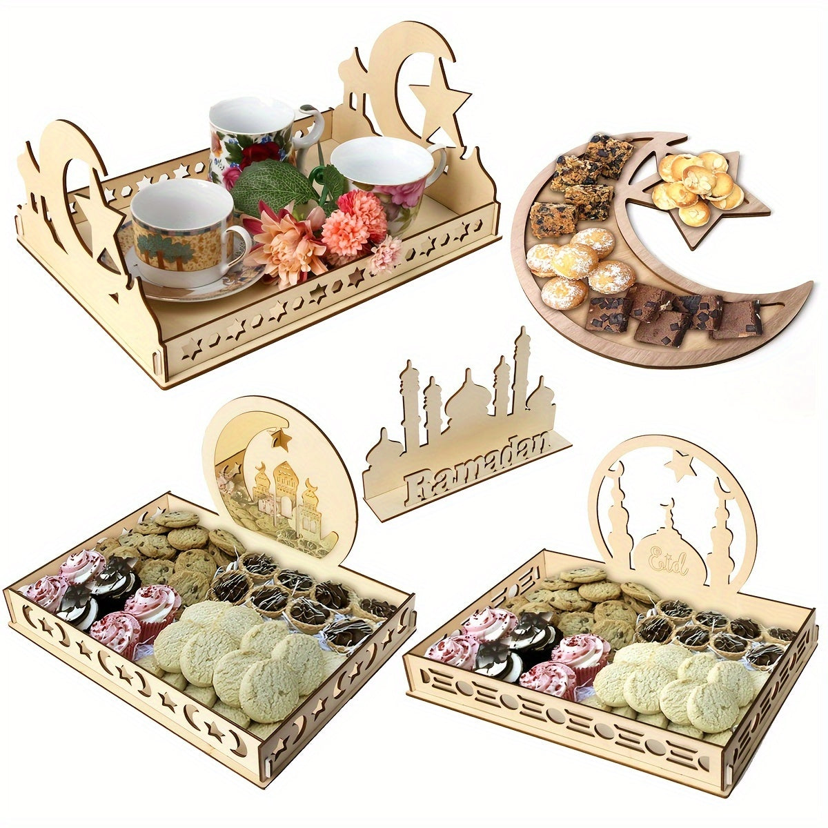 Eid Mubarak wooden dessert tray with moon and star design, ideal for Ramadan decor and Islamic celebrations, no batteries needed.