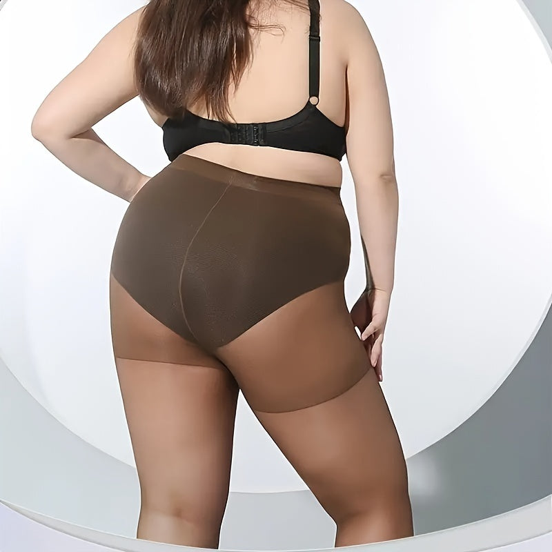 High-waist plus size pantyhose made of 89% nylon and 11% spandex. Knit fabric in solid color, thin and sheer. Anti-snag and hand washable. Fits sizes 0XL to 2XL.