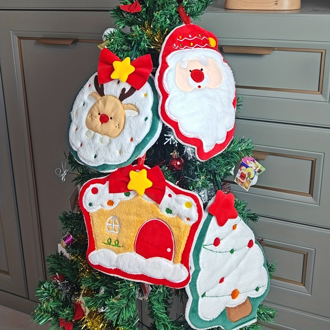 Christmas themed fingertip towels set with Santa, Christmas tree, and house designs. Made of polyester blend knit fabric, super absorbent and quick-drying. Machine washable and features hanging loops for kitchen and bathroom decor. Makes a great seasonal