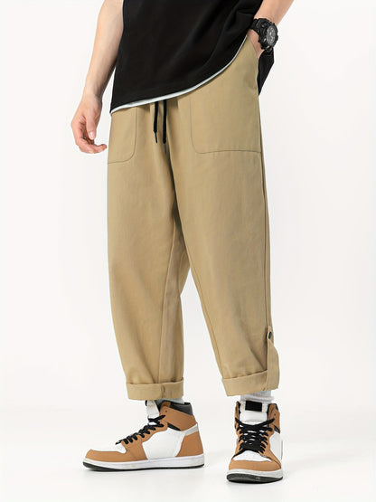 Men's 100% Cotton Loose Cropped Pants with Pockets for Outdoor Activities