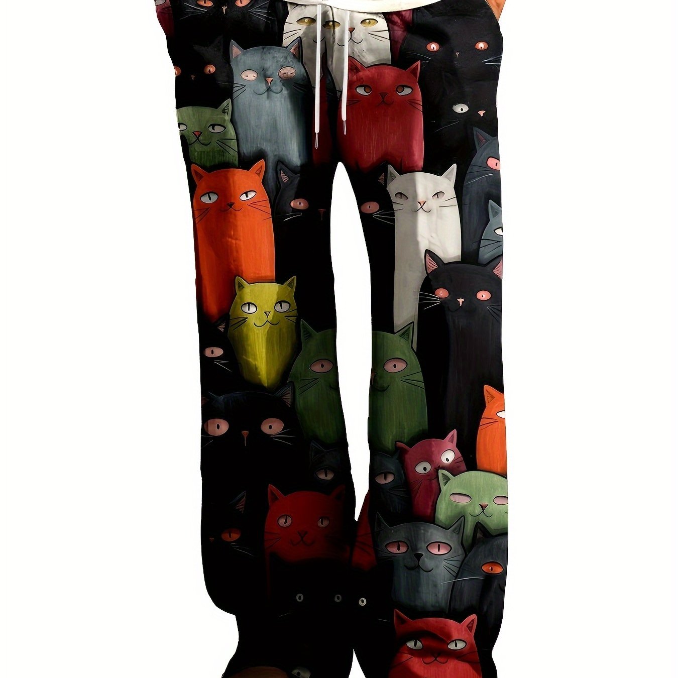 Loose-fitting men's pajama pants with 3D cat print, wide legs, pockets, and breathable polyester.