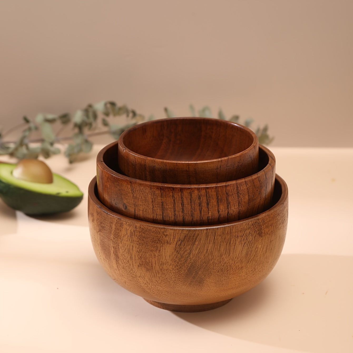 Acacia wooden bowl for rice, soup, noodles; durable and suitable for indoor and outdoor use, anti-scald; daily kitchen tableware.