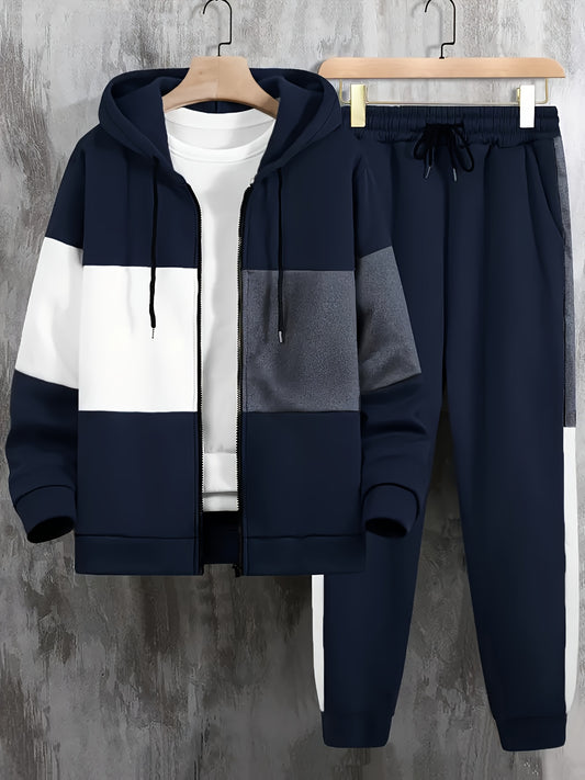 Men's Color Block Zip-Up Hoodie & Drawstring Joggers Set - Perfect for Fall/Winter Outdoor Activities, Machine Washable Casual Knit Fabric