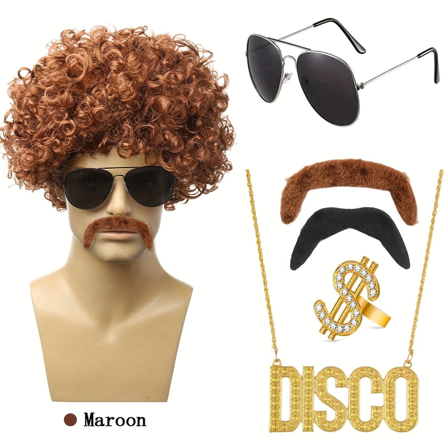 6-piece set of 70s 80s Disco Wig Costume Set features Disco Hippie Short Curly Wig, Disco Fashion Glasses, Moustache, and Faux Golden Chain Necklace perfect for Disco Men Party or Halloween Party Dressing Up.