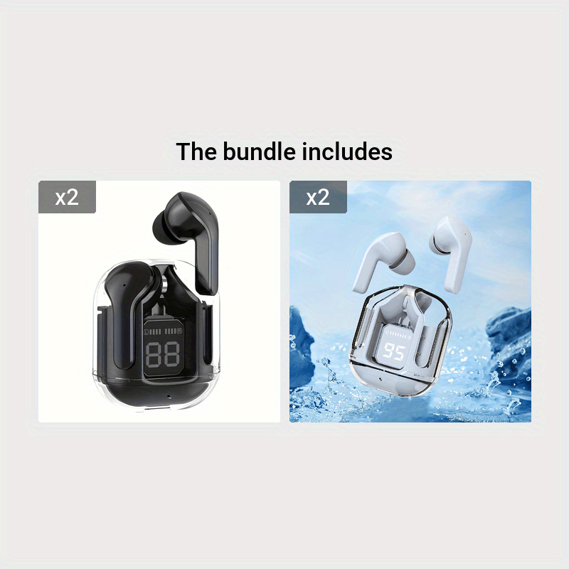 Wireless TWS headset with LED battery display, dual stereo microphone, mini in-ear earbuds, and clear charging case for music, gaming, and sports.