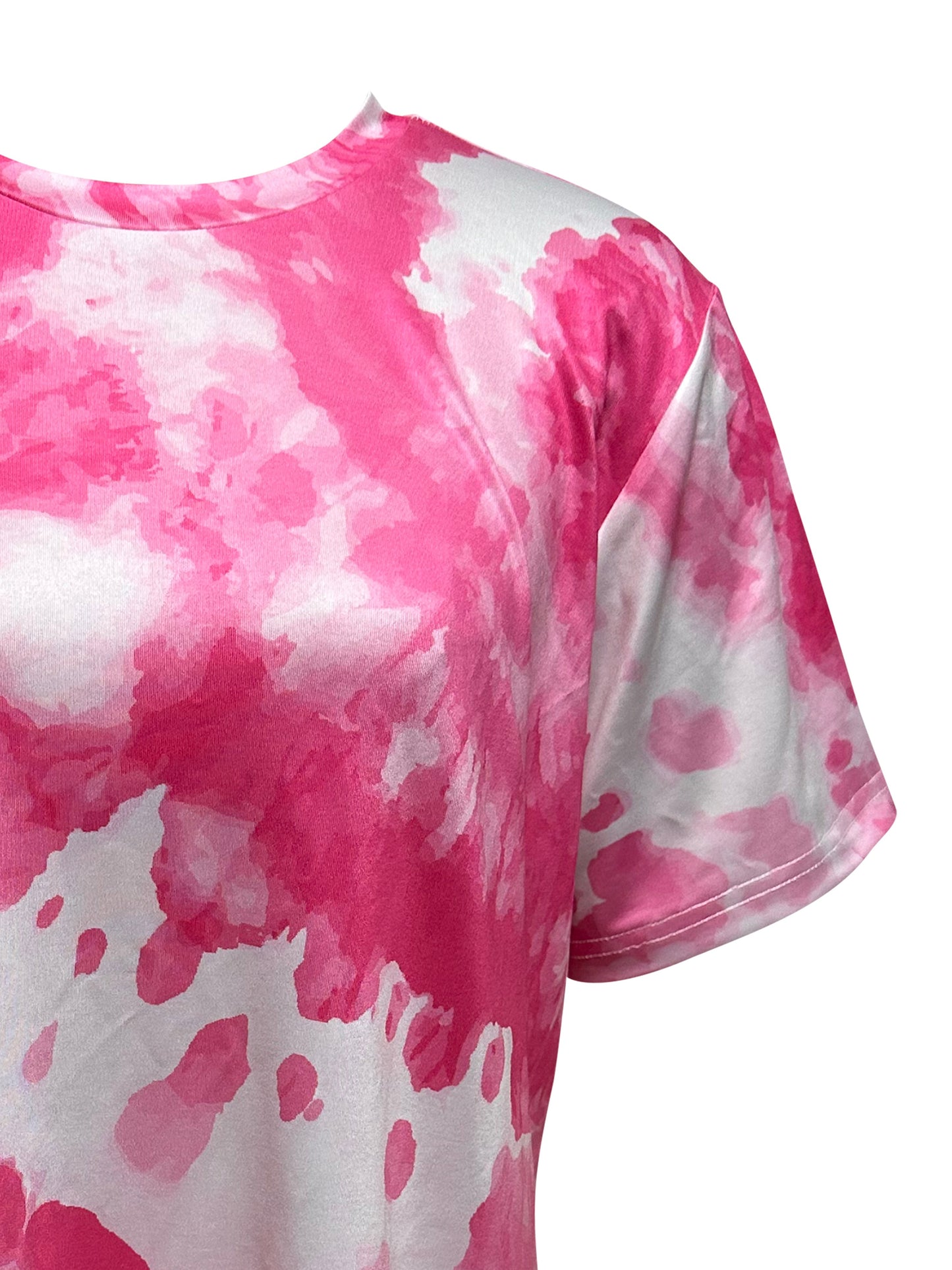 Women's casual tie dye lounge set with short sleeve crew neck top and shorts for loungewear and sleepwear.