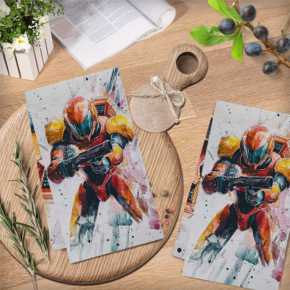 This set includes two ultra-soft kitchen towels featuring Samus Aran from Metroid. They are highly absorbent and ideal for holiday decoration. The towels are machine washable and measure 40.64X60.96 cm.