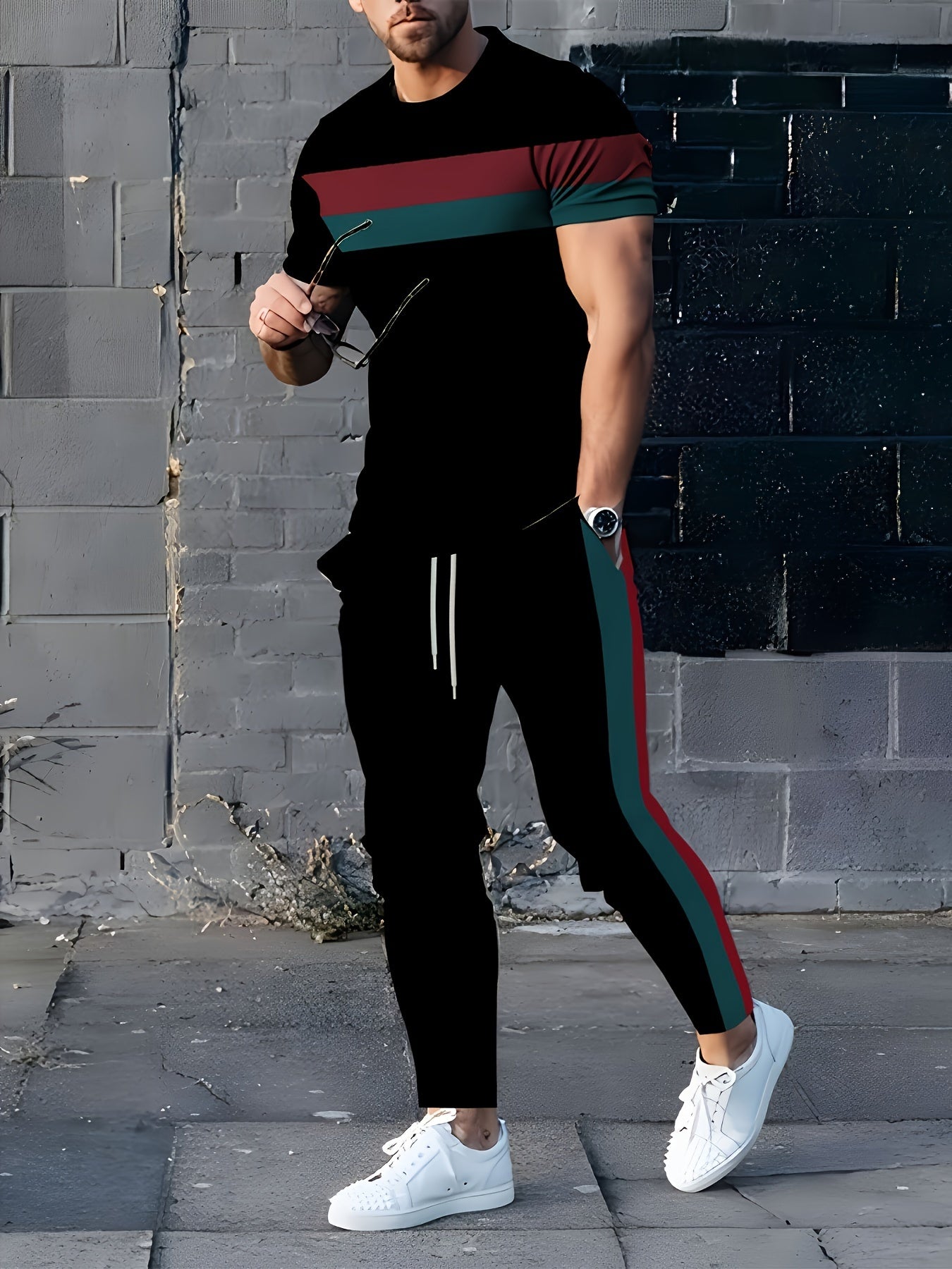 Men's Striped Sports Set with 3D Print, Polyester, Elastic, Round Neck, Patterned Stripes, Spring/Fall, Leisure/Goin Out.