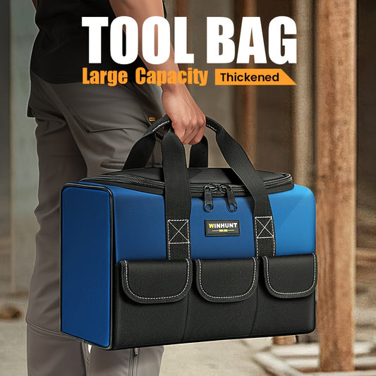 Durable polyester tool bag with large capacity for electricians and construction workers. Portable and versatile organizer in mixed colors.