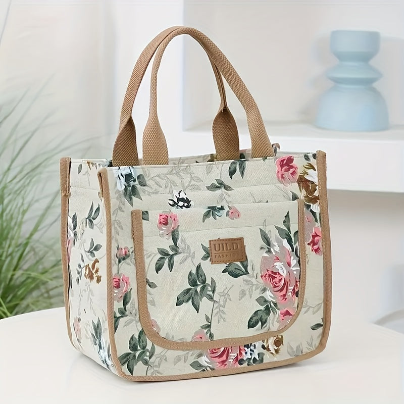 Large capacity portable tote for office and picnic featuring a floral print design on a canvas lunch bag. Hand washable and in a mixed color rectangle shape with a unique random print design. Includes 1 piece.