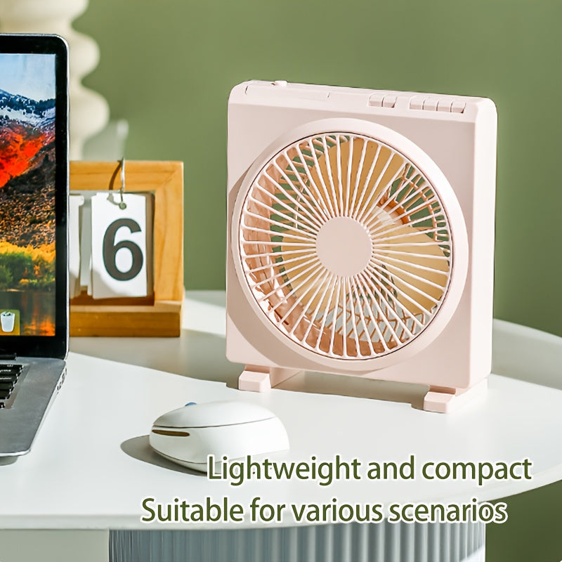 Portable Mini USB Rechargeable Table Fan with Button Control, Made of Durable Plastic Material, Features Built-in Lithium Battery, Ideal for Indoor and Outdoor Use, Comes with Multiple Components.