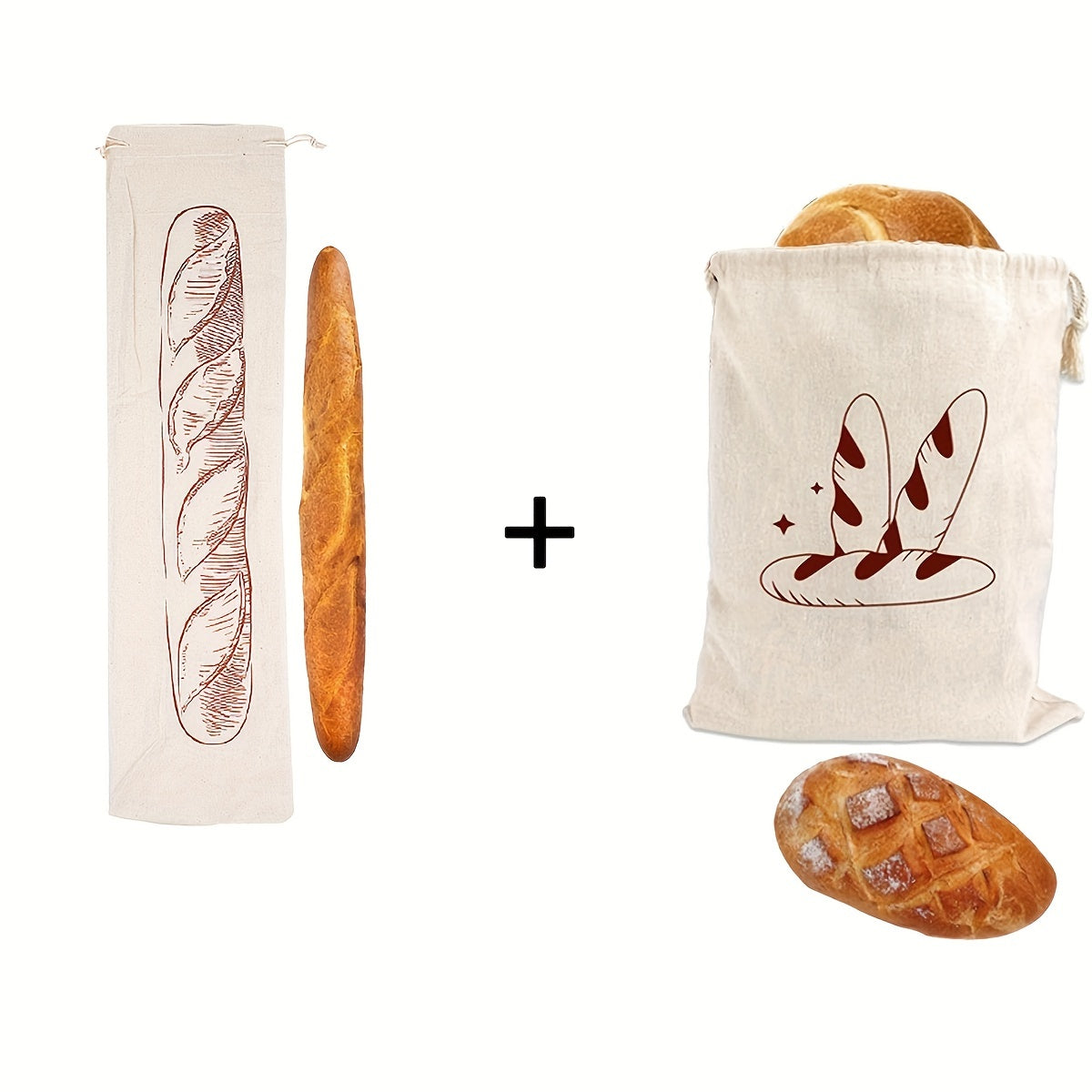 Set of three linen bread bags designed for storing homemade and artisan bread. These reusable fabric containers are unbleached and feature a drawstring closure for safe food contact.