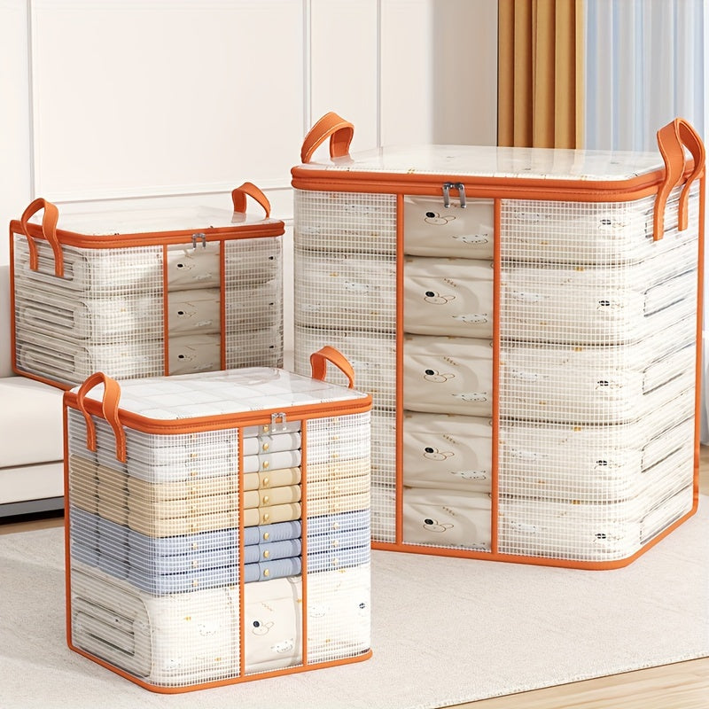 Large capacity transparent PVC storage bag with fixed handles, waterproof and dustproof, ideal for organizing dorm clothes and bedding, as well as providing a practical under-bed storage solution in the bedroom.