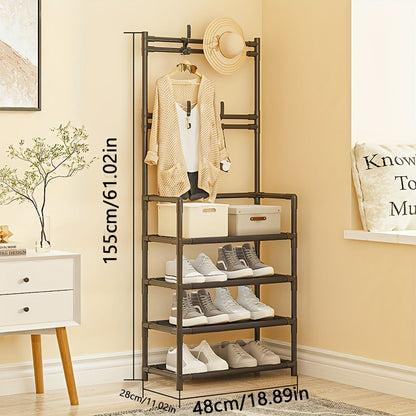 4 to 5 tier coat rack made of carbon steel that can be used for various purposes. It is spacious, measuring 170.18cm, and can be used to organize clothes and shoes. Available in black or white, and is easy to assemble.