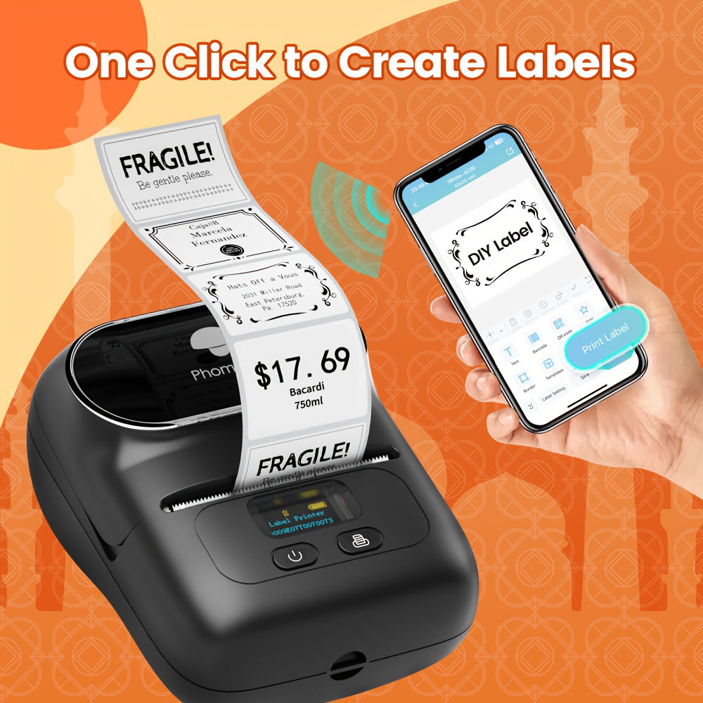 Phomemo M110 Wireless Label Printer with 40x30mm Sticker Roll, ideal for businesses and office use, with wireless connectivity for phones & PCs.