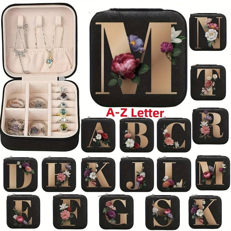 Floral initial jewelry organizer box with compact design, soft velvet lining, durable zipper, and lightweight, ideal for jewelry organization and travel.