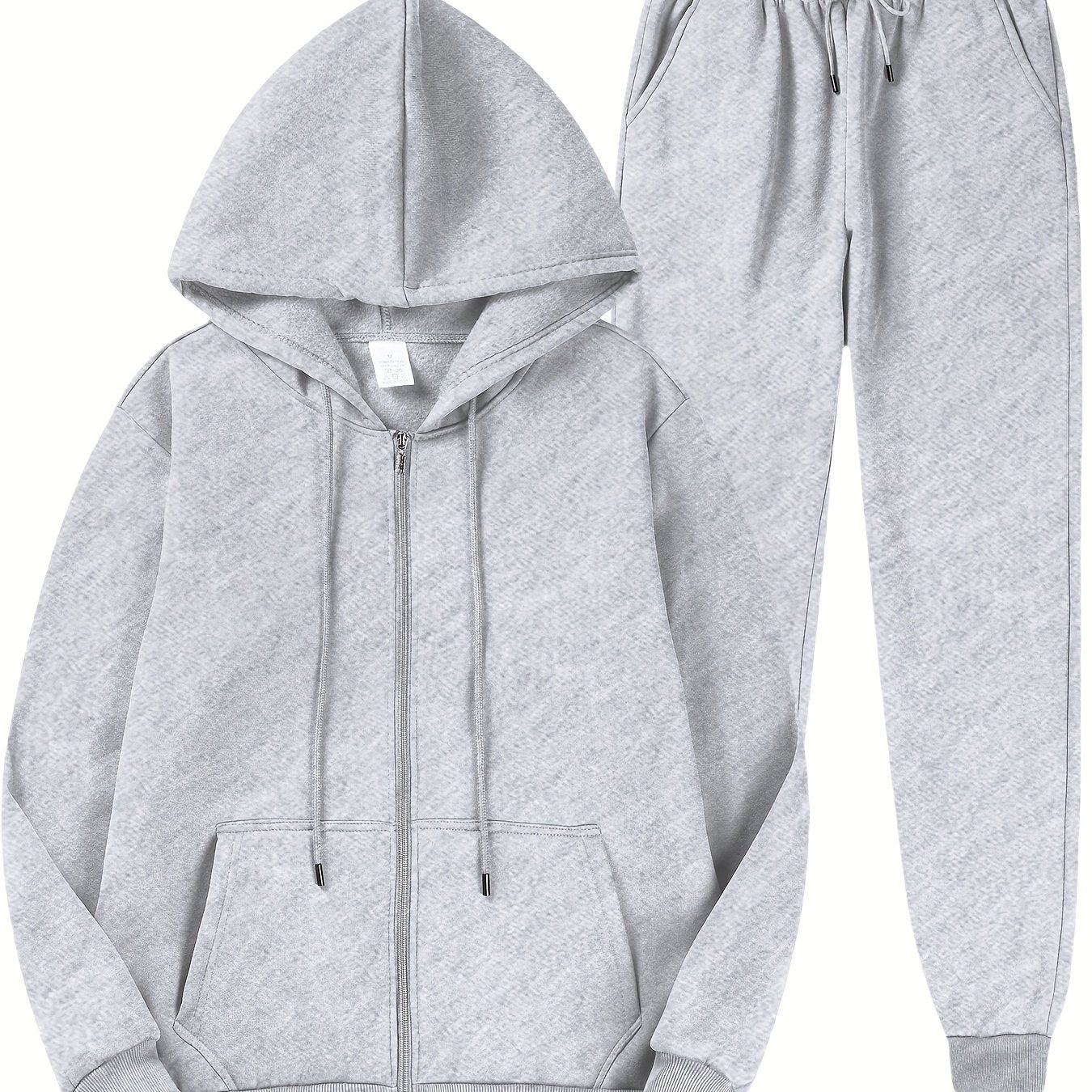 Men's casual fleece hoodie and sweatpants set made of 100% polyester. Includes a long sleeve zip-up hooded sweatshirt with kangaroo pocket, regular fit, knit fabric, solid color. Ideal for