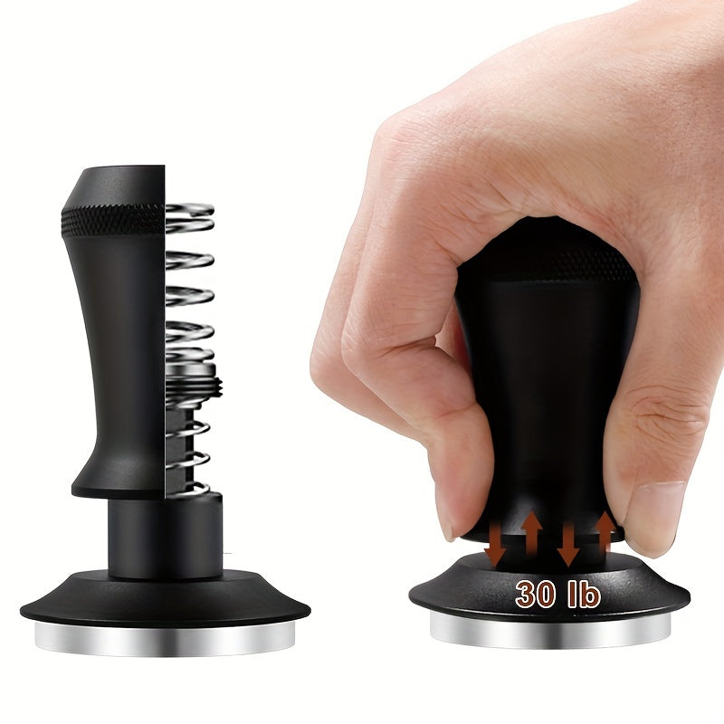 Coffee Tamper with 51/53/58mm Calibrated Size and Spring Loaded Design, Featuring Flat Stainless Steel Base in Black and Silvery Colors. Includes Two Springs for Firm and Even Tamping.