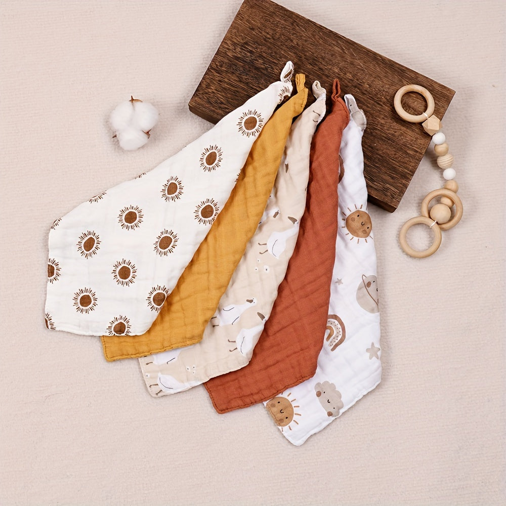 Set of 5 Bamboo Muslin Square Towels featuring adorable prints. These soft, 4-layer face towels can also be used as burp cloths.