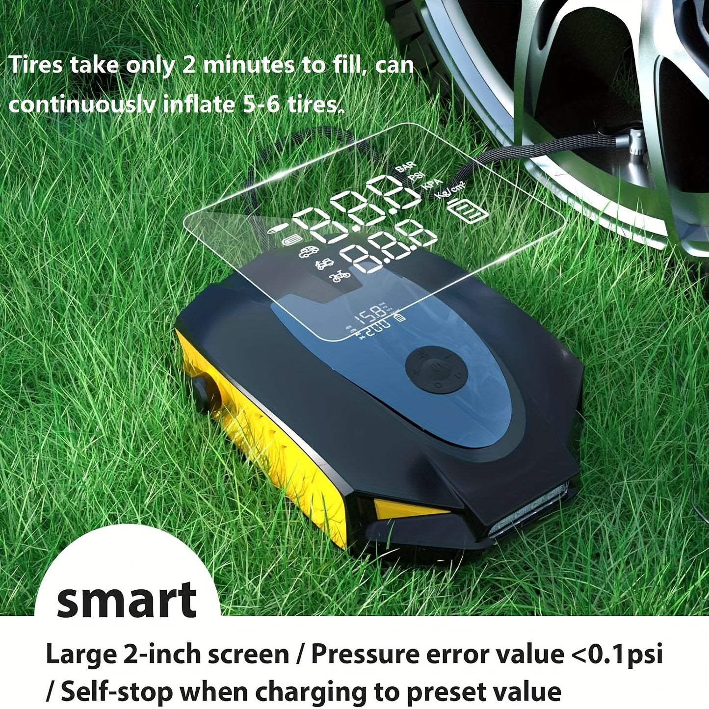 FreeLionVon Portable Electric Air Pump with Built-in 7500mA Battery, ideal for various inflatables, dual pressure settings, USB charging, in black and yellow.