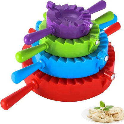 Set of 4 Solutions Dumpling Makers, including Pierogy Maker, Pastelitos Press, Ravioli Maker, Pierogi Cutters, Baozi Maker, Dumplings Machine, Mini Pie Maker, Dupling Maker, and Gyoza Maker.