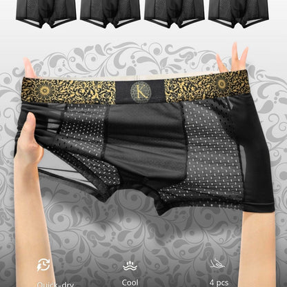 Men's Luxury Baroque Style Boxer Briefs, 4 pieces, Ice Silky Cool & Breathable, Quick-Dry, Ultra-Thin, Fashionable with Golden Waistband, available in Black, Dark Gray, Light Gray, and Sky