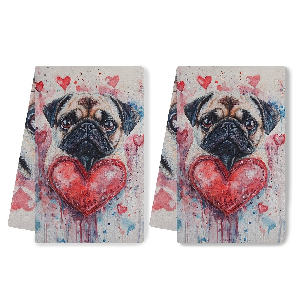 Set of 2 Ultra Plush Kitchen Towels - Adorable Valentine's Day Pug and Heart Pattern, Super Absorbent & Easy to Clean Dish Hand Towels, 16x24 inches, Ideal for Festive Home Decor and Drying Dishes