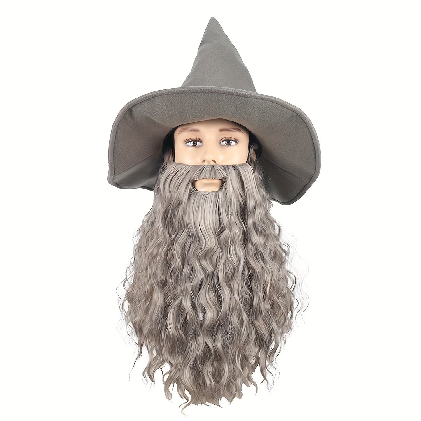 Ideal for Halloween and cosplay, this set includes a gray wizard hat with a long curly wig and beard that are heat resistant.