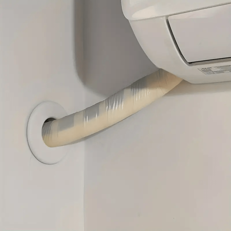 Set of four white plastic covers for air conditioner holes, made of PP material. These decorative caps are designed to protect wall-mounted pipes with hole sizes of 5.0cm, 5.99cm, 7.01cm, and 8.0cm.