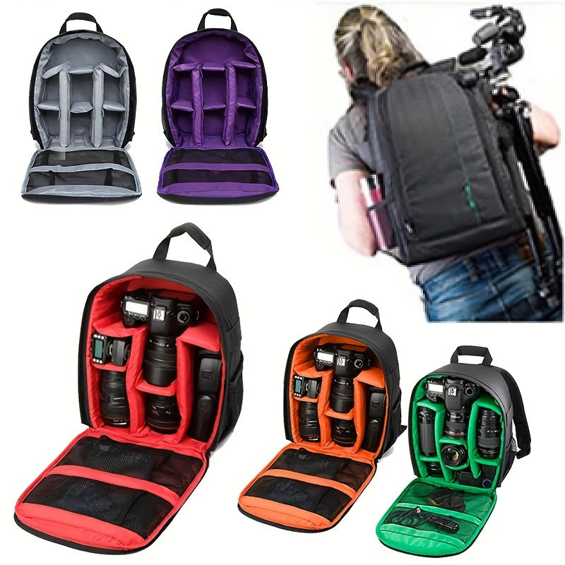 Waterproof camera backpack with customizable dividers and padded shoulder straps for Canon, Nikon, Sony cameras. Made from polyamide material.