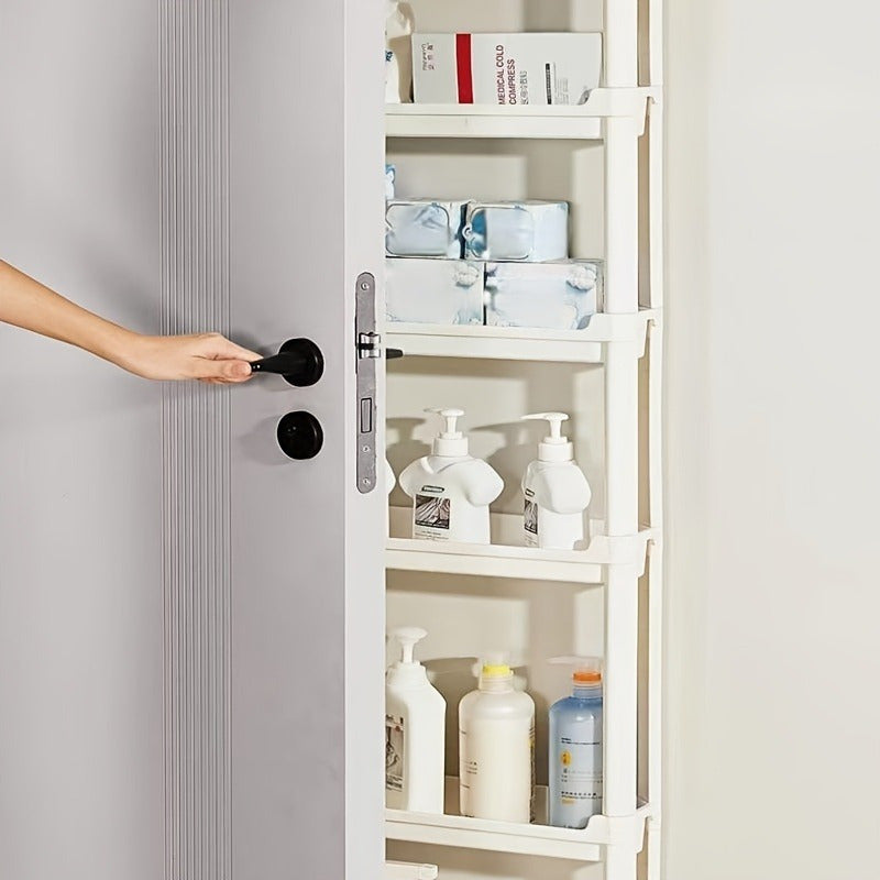 Ultra-thin multi-layer storage cabinet with wheels, perfect for narrow spaces in bathrooms, kitchens, or offices - available in 3 or 8 layers, made of plastic to save space.