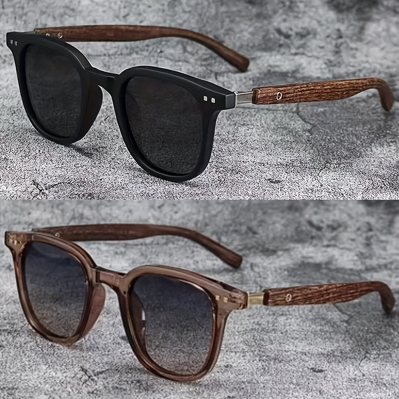 2 Unisex Vintage Square Frame Fashion Glasses with Wood Grain Temple for Beach Travel