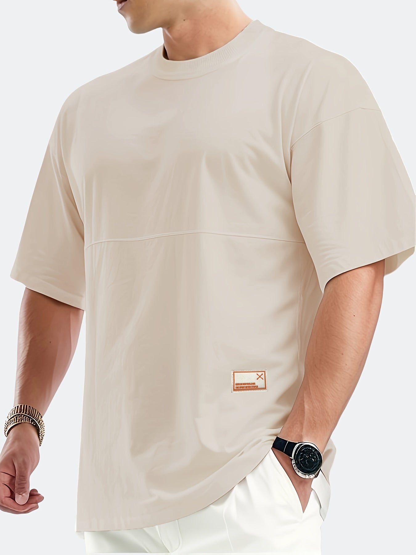 Men's casual sports T-shirt with round neck, short-sleeved, versatile for outdoor activities.