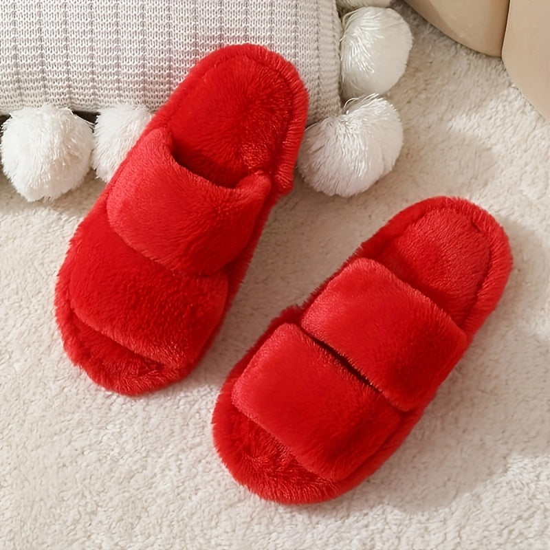 Women's soft plush cross-strap slippers with peep-toe fur, suitable for indoor and outdoor use.