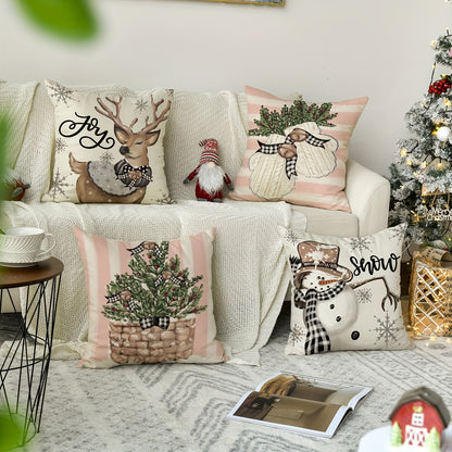 Set of 4 Christmas polyester throw pillow cases featuring reindeer and eucalyptus design. Ideal for decorating outdoor living rooms, bedrooms, couches, and sofas.