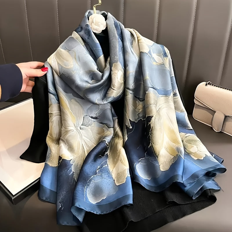 Blue floral print square scarf for women, lightweight summer sun protection and wind resistance head wrap in Bohemian style, measuring 89.99cm. Features elegant navy blue design with cream