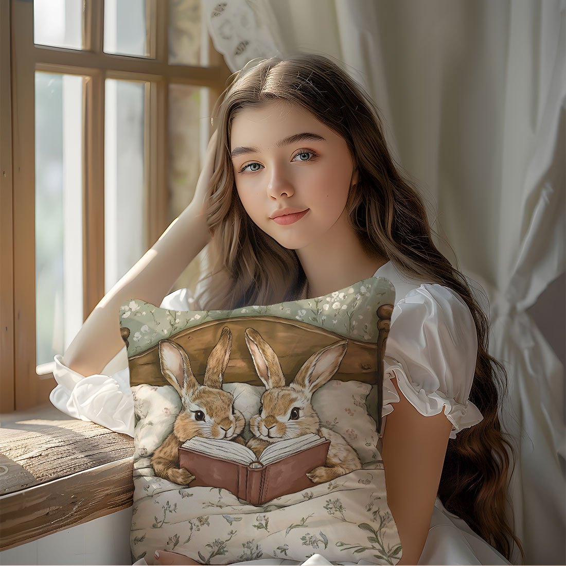 Easter Cartoon Rabbit Storybook Sofa Throw Pillow Cover - Single-sided print, made of peach skin fabric, 45*45cm.