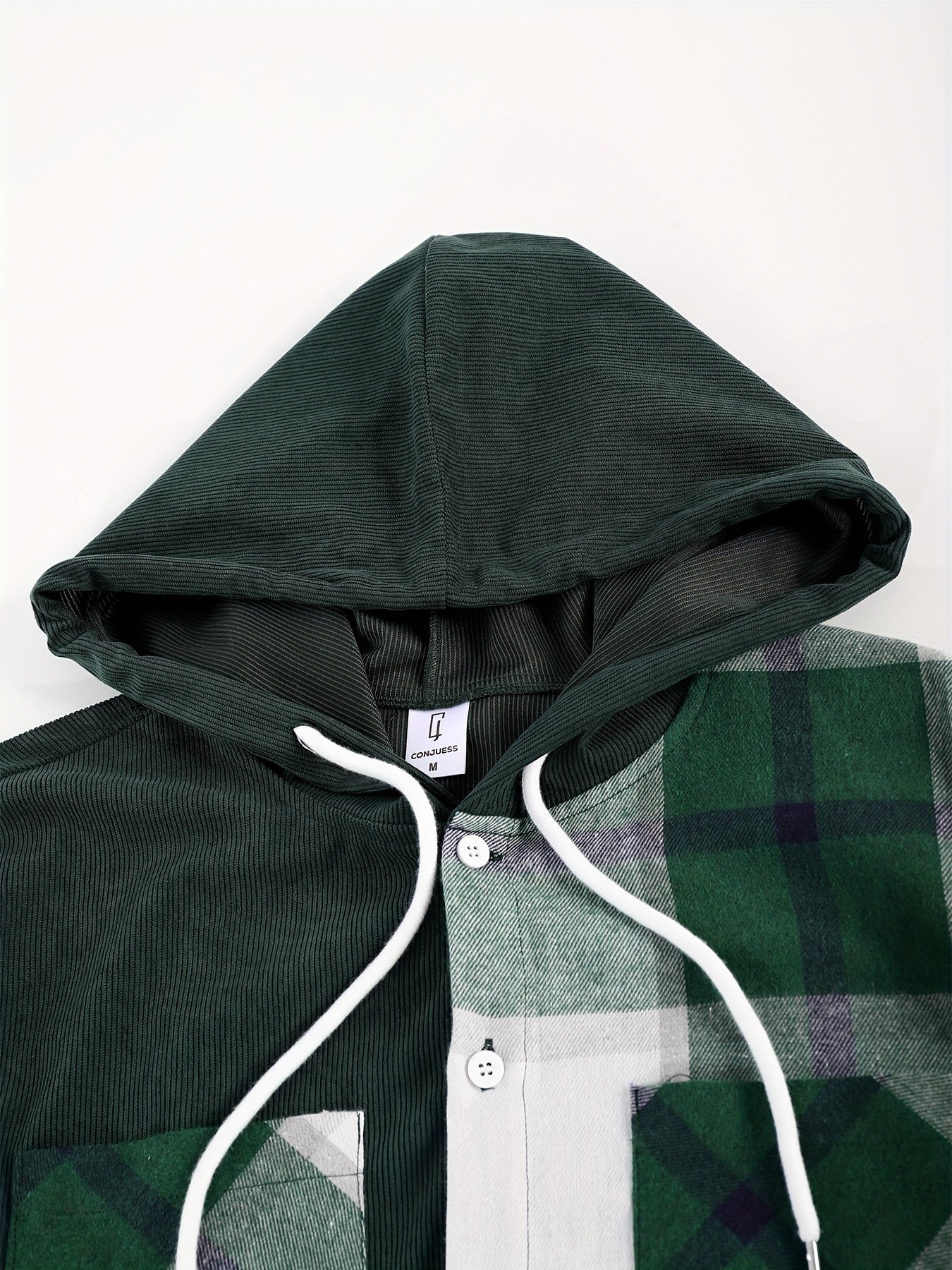 Men's plaid hoodie shirt with pockets, long sleeve, woven polyester, for spring/fall, unisex-adult, plus size.