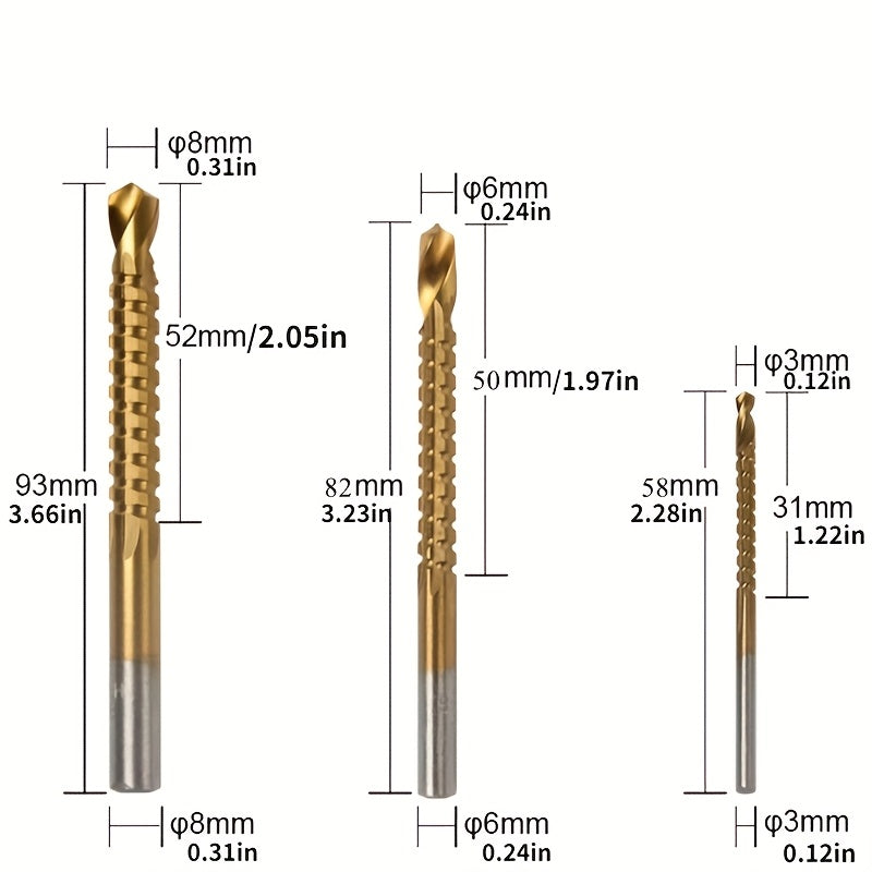 6pc Titanium Step Drill Bit Set, sizes 4-12mm, 4-20mm, and 4-32mm, for woodworking and metal drilling.