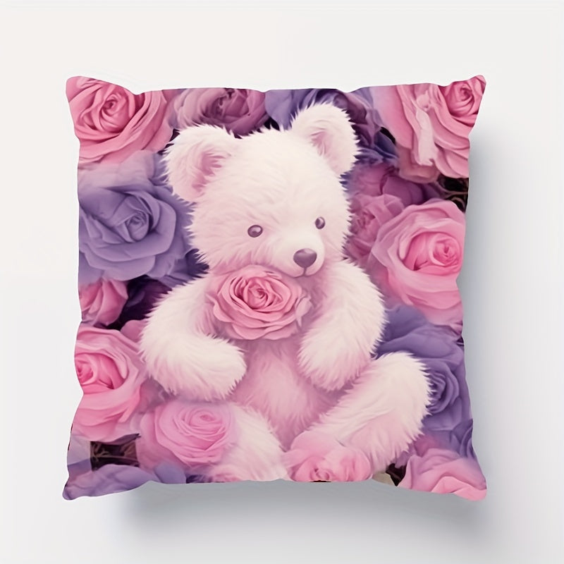 Pillow covers featuring a delightful French floral bear design, made from double-sided woven polyester with a zipper closure. These machine washable cushion cases make charming decorative accents for any room, including bedrooms, sofas, and collectible