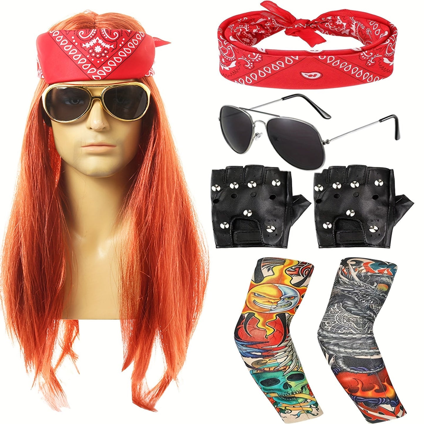 Get ready to rock with this Retro Rocker Costume Set, perfect for both men and women! This set includes 7 pieces that will transform you into a 70s/80s heavy metal hippie. Complete with a wig, bandana, fashion glasses, punk gloves, and tattoo sleeves