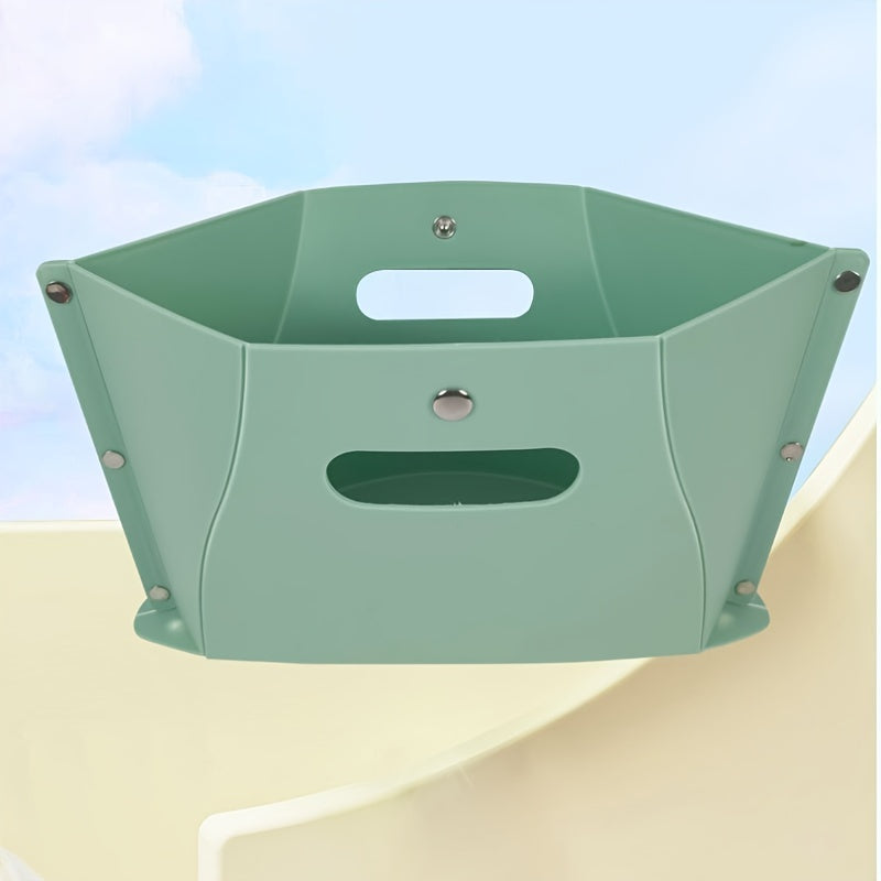 Green Portable Folding Stool with Carry Basket - Made of Tough Plastic, Square Shape Ideal for Outdoor Events, Music Festivals, and Travel.