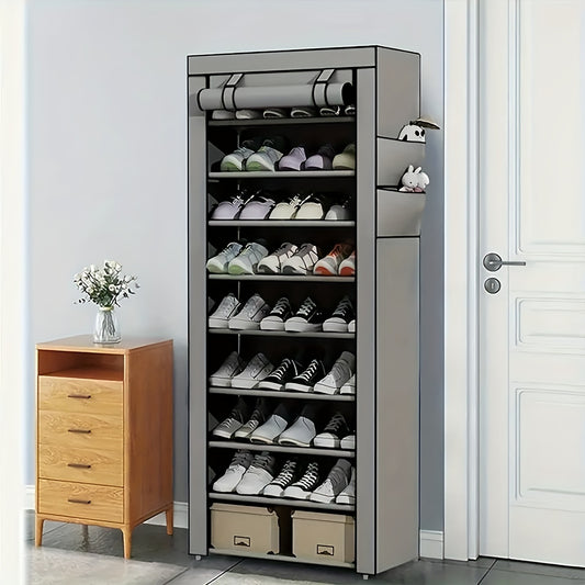 Compact shoe rack with cover, fabric material, simple assembly, high storage capacity, portable for home, dorm, or entryway, available in multiple layers and sizes.