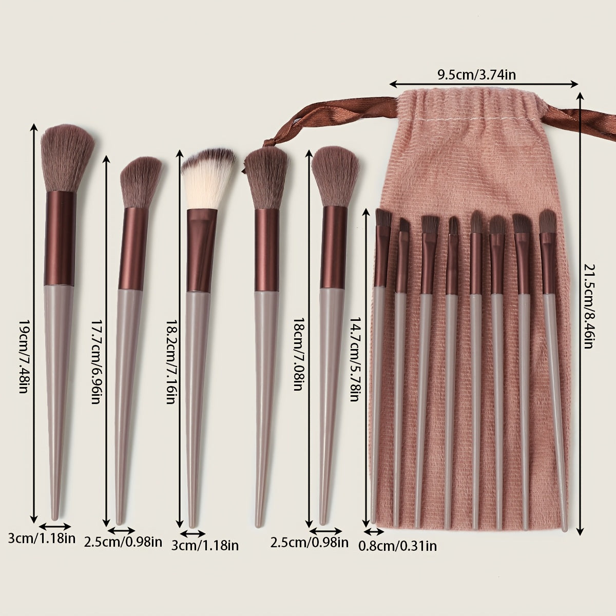 13-piece Makeup Brush Set with ultra soft, quick-dry bristles and matching fabric storage bag. Ideal for beauty enthusiasts.