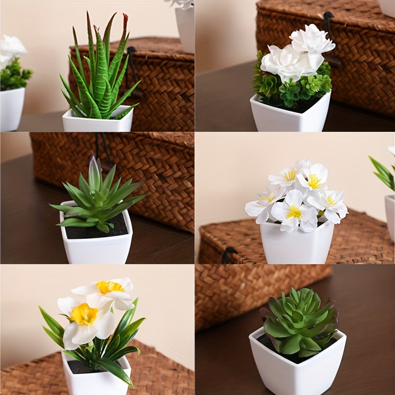 6pcs Artificial Succulents & Flowers in White Pots - Ideal for Home & Office Decor | Realistic & Versatile Mini Plants for All Seasons